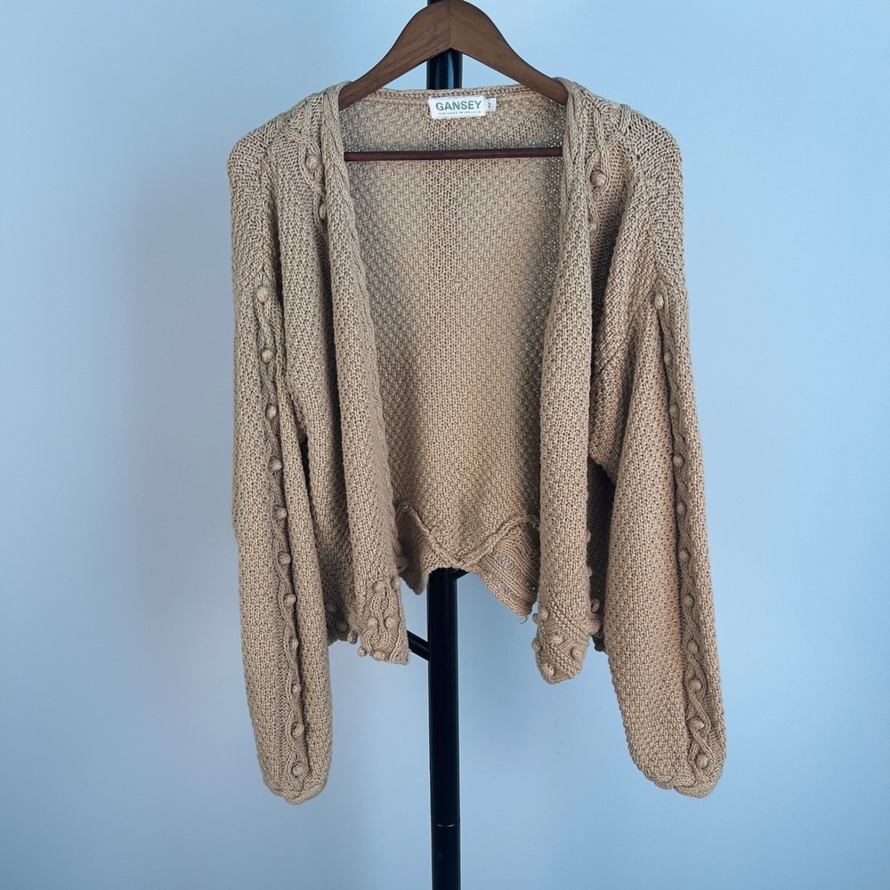 Gansey Ireland Tan Cardigan Sweater Ramie Cotton Chunky Knit Bobble Cable Size 2